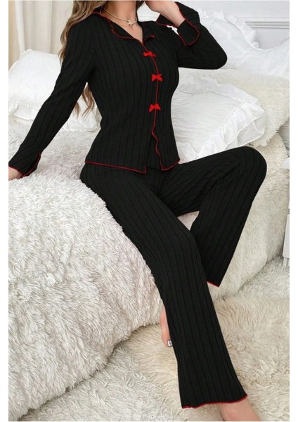 Pamuklu Kırmızı Fiyonk Detaylı Mevsimlik Pijama Takımı fırsatları