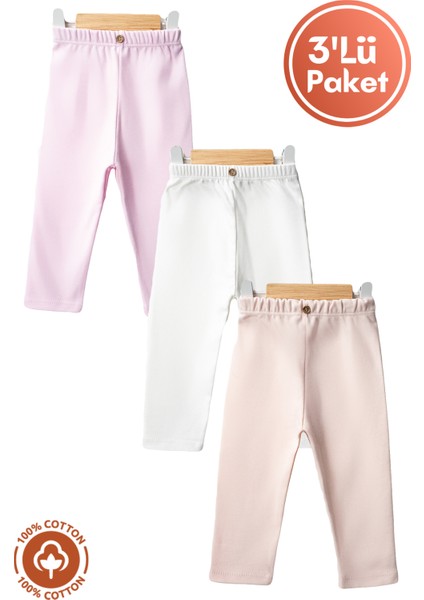 Unisex Bebek Düğme Detaylı Tayt Model %100 Organik Pamuklu Penye Bebek Pantolon Tek Alt 3lü Set