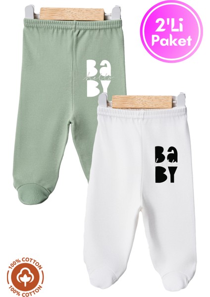 Unisex Bebek Baby Baskılı Penye Organik Pamuklu 0-6 Ay Patikli Bebek Pantolon Tek Alt 2li Set