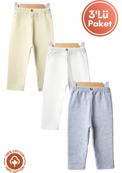 Unisex Bebek Düğme Detaylı Tayt Model %100 Organik Pamuklu Penye Bebek Pantolon Tek Alt 3lü Set