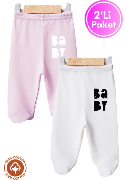 Unisex Bebek Baby Baskılı Penye Organik Pamuklu 0-6 Ay Patikli Bebek Pantolon Tek Alt 2li Set
