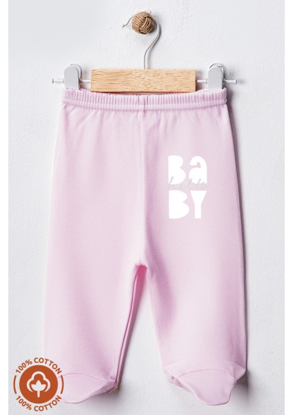 Unisex Bebek Baby Baskılı Penye Organik Pamuklu 0-6 Ay Patikli Bebek Pantolon Tek Alt 2li Set
