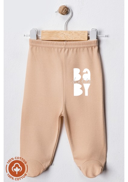Unisex Bebek Baby Baskılı Penye Organik Pamuklu 0-6 Ay Patikli Bebek Pantolon Tek Alt 2li Set