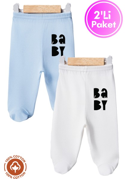 Unisex Bebek Baby Baskılı Penye Organik Pamuklu 0-6 Ay Patikli Bebek Pantolon Tek Alt 2li Set
