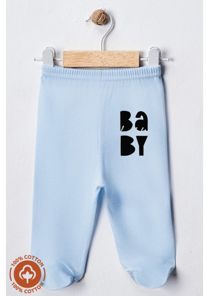 Unisex Bebek Baby Baskılı Penye Organik Pamuklu 0-6 Ay Patikli Bebek Pantolon Tek Alt 2li Set