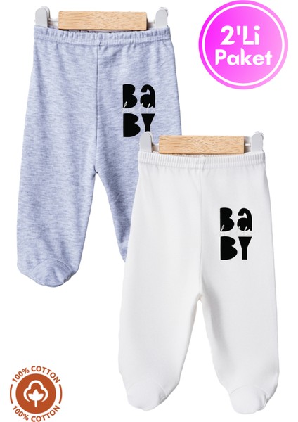 Unisex Bebek Baby Baskılı Penye Organik Pamuklu 0-6 Ay Patikli Bebek Pantolon Tek Alt 2li Set