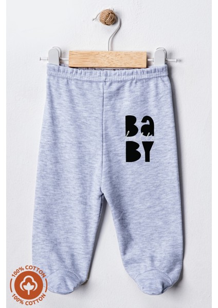Unisex Bebek Baby Baskılı Penye Organik Pamuklu 0-6 Ay Patikli Bebek Pantolon Tek Alt 2li Set
