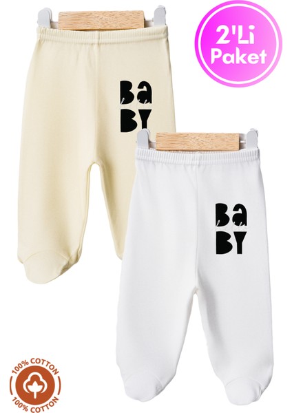 Unisex Bebek Baby Baskılı Penye Organik Pamuklu 0-6 Ay Patikli Bebek Pantolon Tek Alt 2li Set
