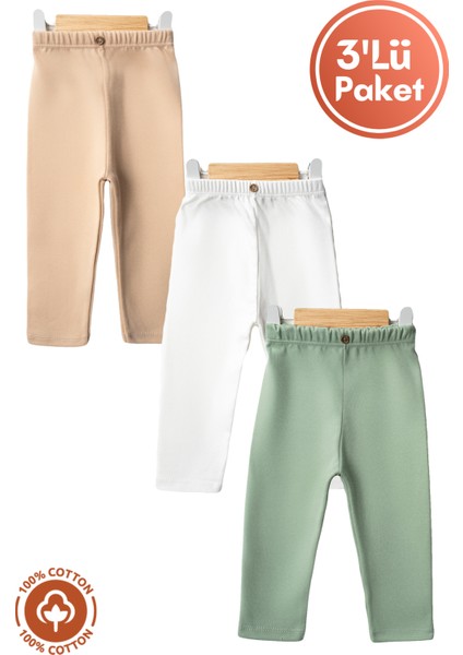 Unisex Bebek Düğme Detaylı Tayt Model %100 Organik Pamuklu Penye Bebek Pantolon Tek Alt 3lü Set