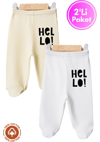 Unisex Bebek Hello Baskılı Penye Organik Pamuklu 0-6 Ay Patikli Bebek Pantolon Tek Alt 2li Set