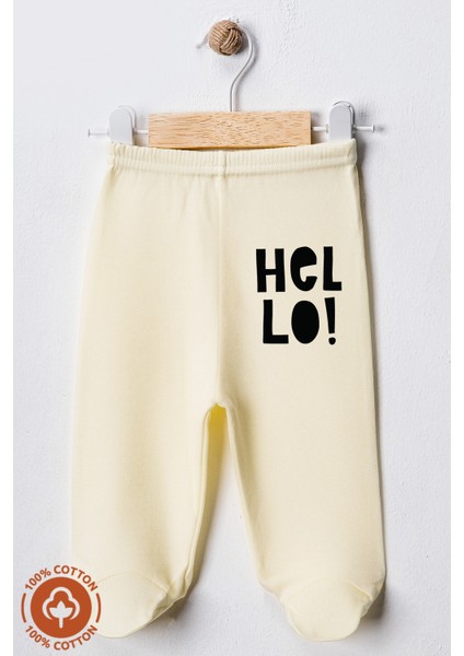 Unisex Bebek Hello Baskılı Penye Organik Pamuklu 0-6 Ay Patikli Bebek Pantolon Tek Alt 2li Set