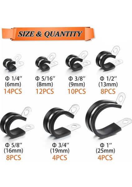 60 Adet Kablo Kelepçeleri Çeşitler Kiti, 304 Paslanmaz Çelik Kauçuk Yastık Boru Kelepçeleri R Tipi Hortum Kelepçesi 7 Boyutları (Yurt Dışından) fiyatları