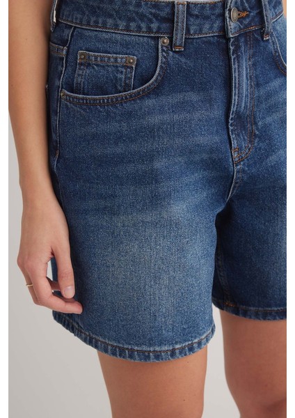 JUST UNIQUE DENIM J.U.D Mona 599 Yüksek Bel Koyu Mavi Regular Jeans Şort Kadın