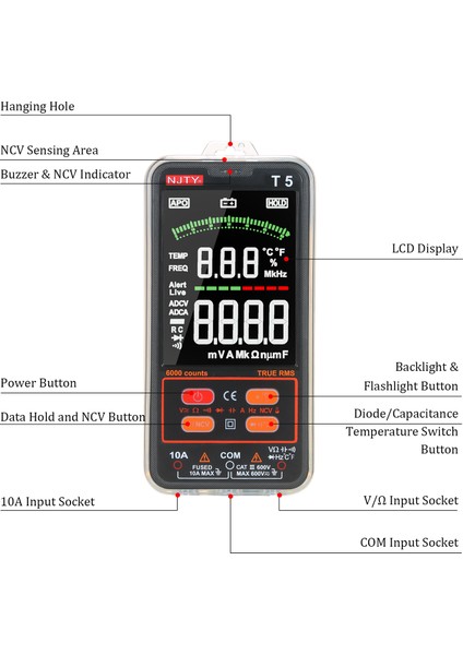 Njty T5 6000 Sayımlı Gerçek Rms Ncv El Fenerli Dijital Multimetre （关键优化点：使用土耳其市场常用术语"sayımlı"替代"counts"，"el Fenerli"自然融入产品特性描述，保留ncv作为国际通用技术缩写，符合土耳其电子产品命名习惯） (Yurt Dışından)