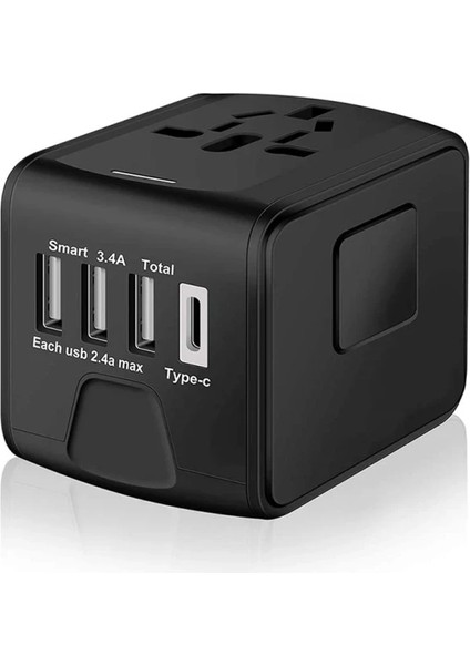 Evrensel Seyahat Adaptörü 2,4A USB 3,0A Type-C Dünya Çapında Şarj Cihazı Siyah (Yurt Dışından)