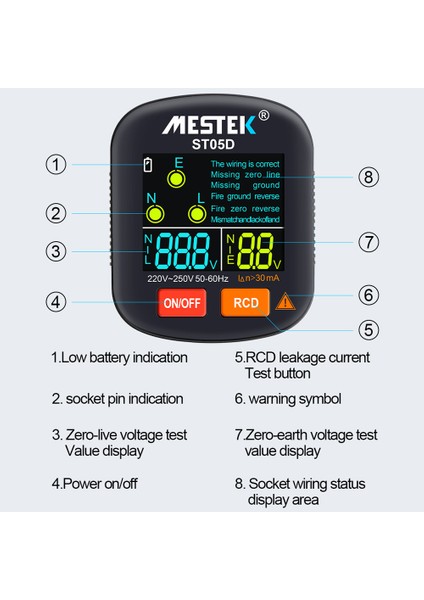 30-250V Taşınabilir Prize Test Cihazı, Rcd Voltaj Dedektörü ve Toprak Polarite Kontrolü Renkli Ekran (Yurt Dışından) indirimleri
