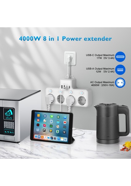 4000W Ab 4 Yuvalı Priz 3 USB Type-C Portlu (Yurt Dışından)