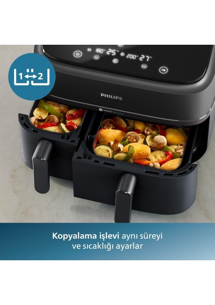Çift Hazneli Airfryer 3000 Serisi, 9l Geniş Kapasite, 2 Hazneli Airfryer, Rapid Air Teknolojisi, %90 Daha Az Yağ,%70 Enerji Tasarrufu, Homeıd Uygulaması, Onerous Lambader Hediye modelleri