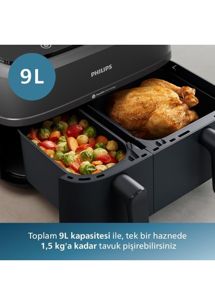 Çift Hazneli Airfryer 3000 Serisi, 9l Geniş Kapasite, 2 Hazneli Airfryer, Rapid Air Teknolojisi, %90 Daha Az Yağ,%70 Enerji Tasarrufu, Homeıd Uygulaması, Onerous Lambader Hediye