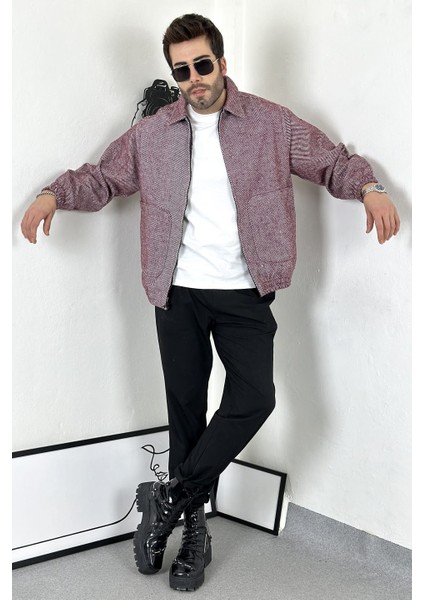 Oversize Gömlek Yaka Fermuarlı Bordo Kalın Hırka
