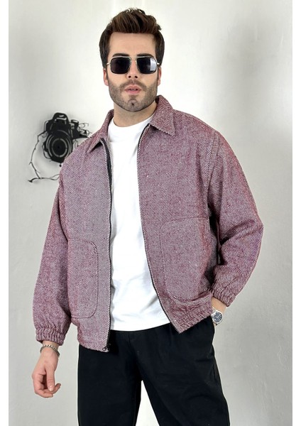 Oversize Gömlek Yaka Fermuarlı Bordo Kalın Hırka