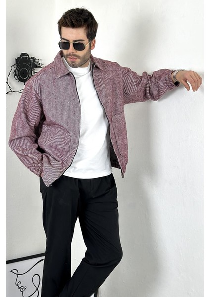 Oversize Gömlek Yaka Fermuarlı Bordo Kalın Hırka