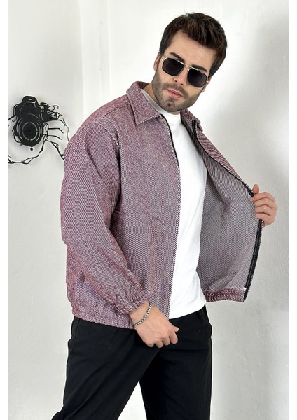 Oversize Gömlek Yaka Fermuarlı Bordo Kalın Hırka