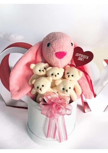 Premium Özel Hediye Kutusunda 45 cm Pembe Bunny Tavşan ve 5 Adet Krem Peluş Ayıcık Buketi