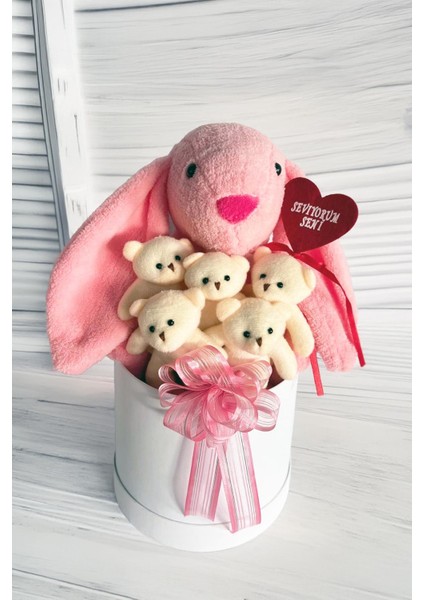 Premium Özel Hediye Kutusunda 45 cm Pembe Bunny Tavşan ve 5 Adet Krem Peluş Ayıcık Buketi fiyatları