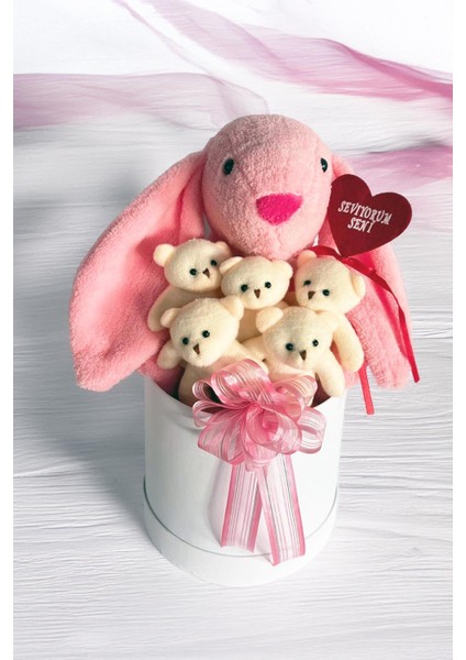 Premium Özel Hediye Kutusunda 45 cm Pembe Bunny Tavşan ve 5 Adet Krem Peluş Ayıcık Buketi modelleri