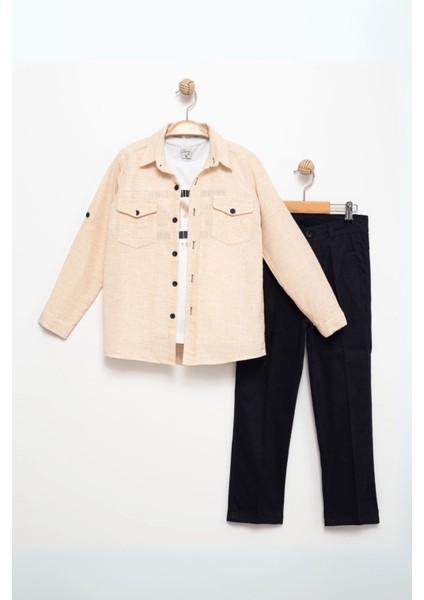 3-12 Yaş Keten Gömlek Gabardin Pantolon Baskılı Tişört Bej