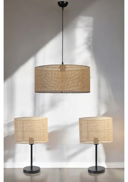Örgülü Rattan Abajur Avize 3 Lü Set