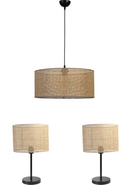 Örgülü Rattan Abajur Avize 3 Lü Set