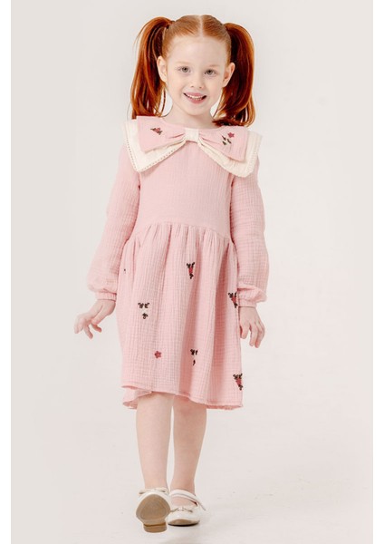 4-8 Yaş Yaka Detay Nakışlı Müslin Elbise