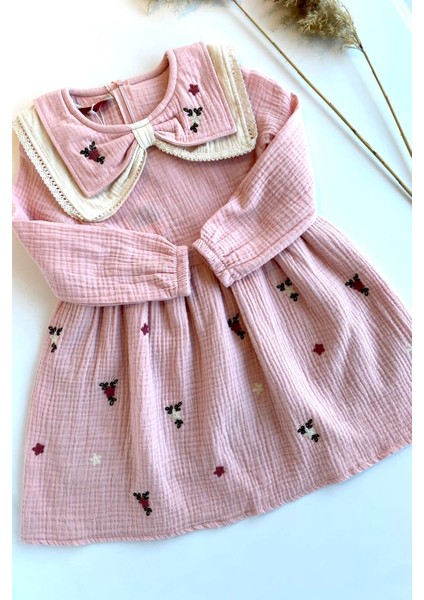 4-8 Yaş Yaka Detay Nakışlı Müslin Elbise fiyatları