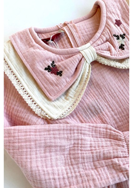 4-8 Yaş Yaka Detay Nakışlı Müslin Elbise modelleri