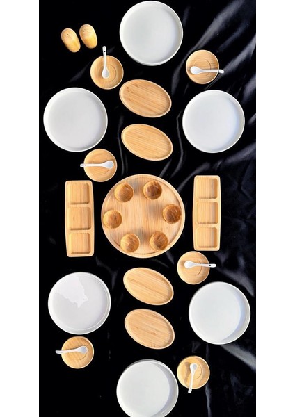 Atbyhome 6 Kişilik 33 Parça Bambu - Seramik Kahvaltı Takımı - Lüx Kahvaltılık Sunum Seti
