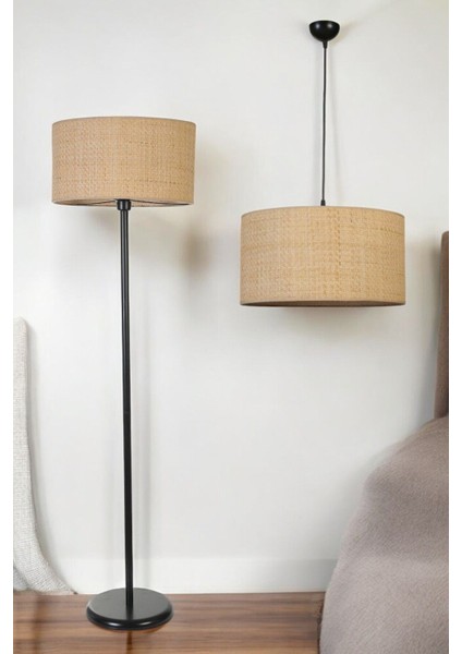 Hasır Rattan Avize Lambader 2 Li Set
