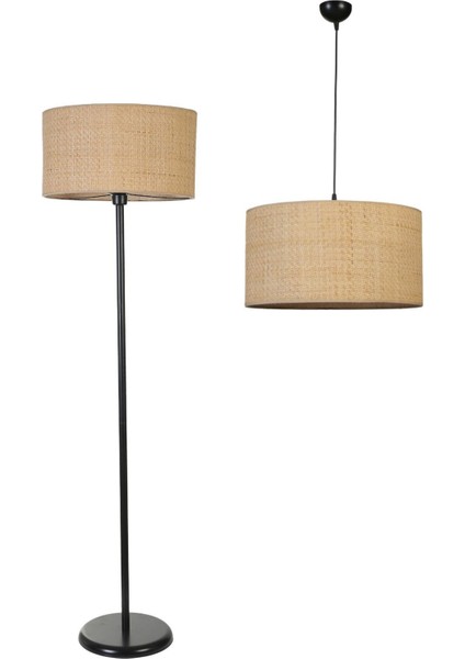 Hasır Rattan Avize Lambader 2 Li Set