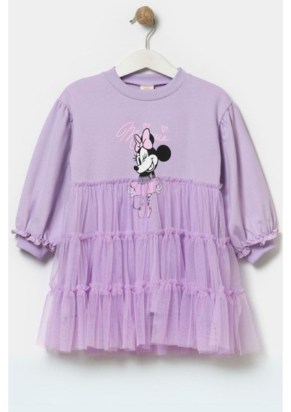 1-4 Yaş Karakter Desen Tüllü Kız Çocuk Elbise Lila