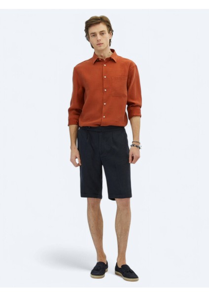 Lacivert Dokuma Carrot Fit Casual Bermuda