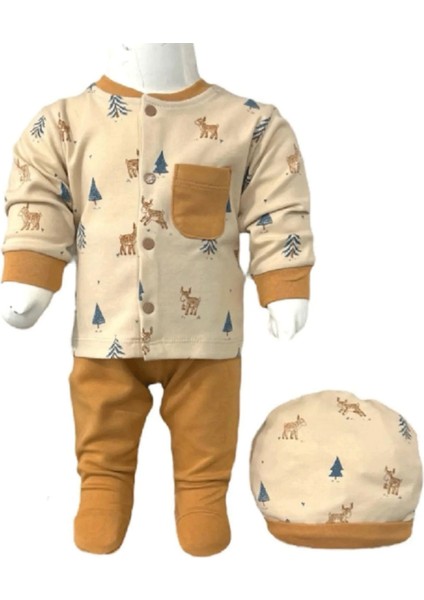 Unisex Geyik Desenli Hırka Pantolon Bere 3 'lü Alt Üst Bebek Takımı 0 Ay - 6 Ay