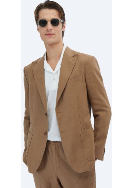 Kahverengi Düz Modern Fit %100 Keten Takım Elbise