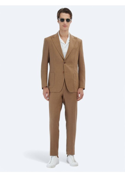 Kahverengi Düz Modern Fit %100 Keten Takım Elbise fiyatları