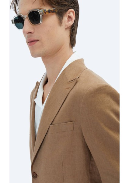 Kahverengi Düz Modern Fit %100 Keten Takım Elbise fırsatları