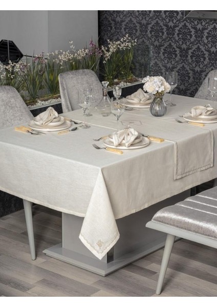 Ekru 8 Parça Keten Masa Örtüsü - 346683-1453