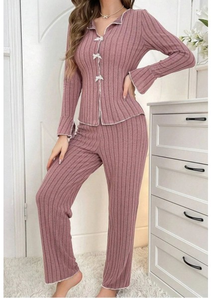 Gül Kurusu Uzun Kollu Fırfırlı Pijama Takımı
