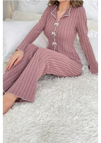 Gül Kurusu Uzun Kollu Fırfırlı Pijama Takımı modelleri