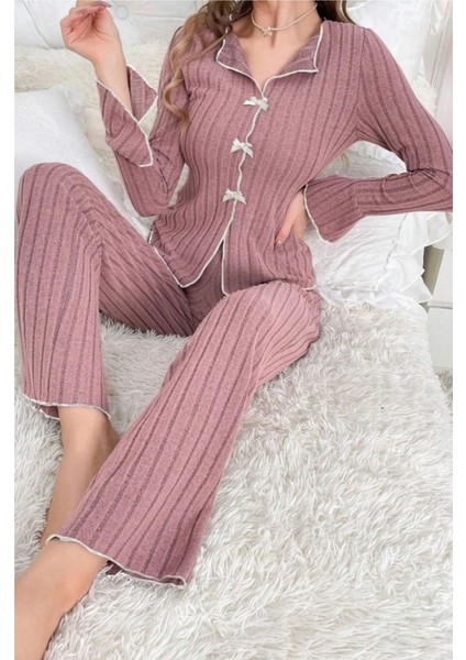 Gül Kurusu Uzun Kollu Fırfırlı Pijama Takımı fırsatları