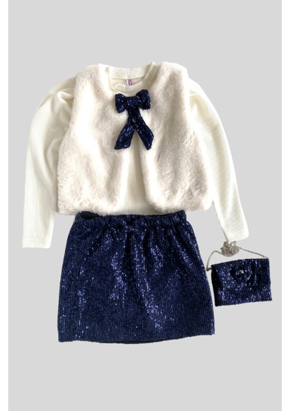 Peluş Yelek Payet Etekli Kız Çocuk Takım Lacivert